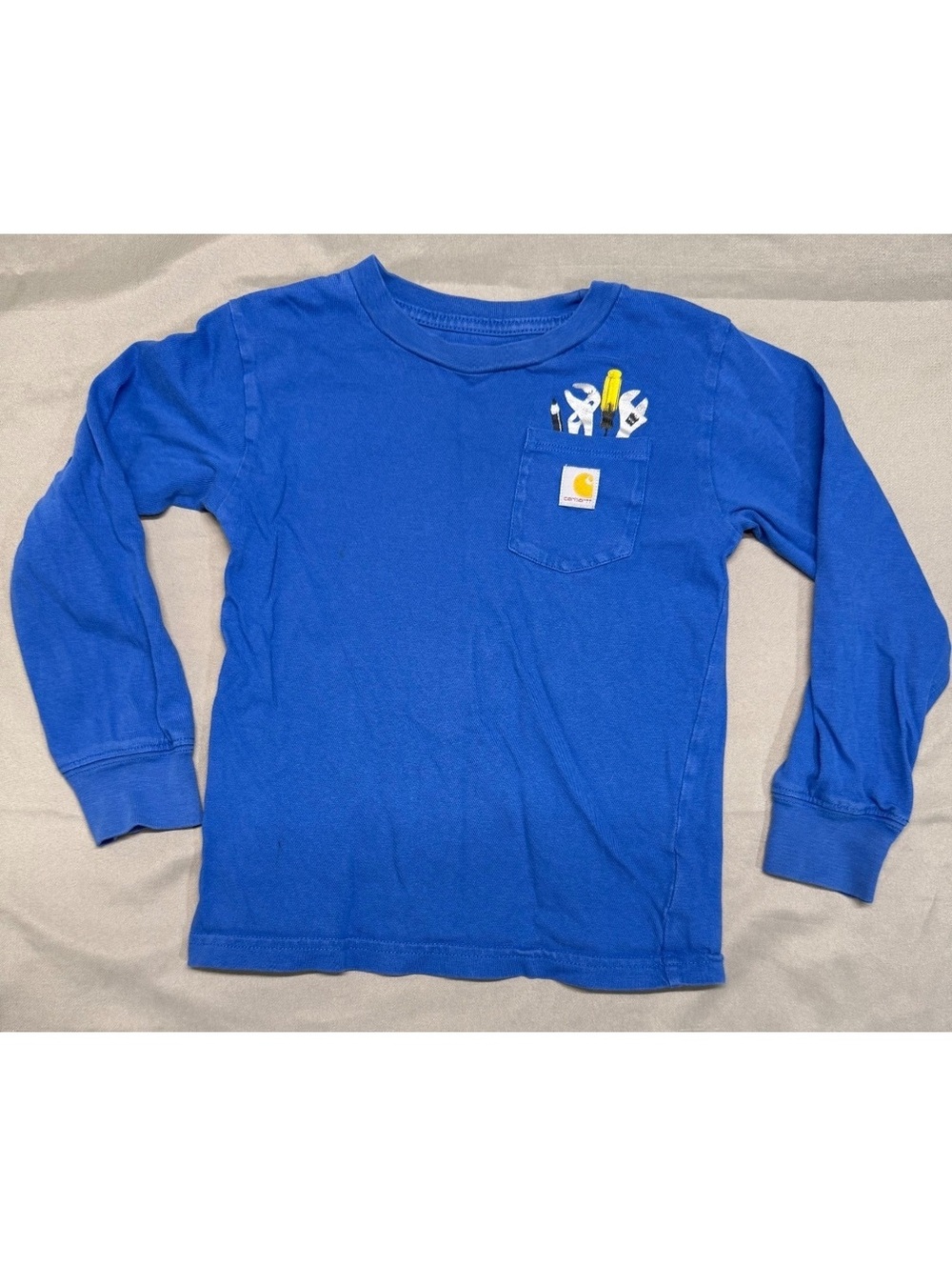 Carhartt Boys' Blue Long Sleeve Pocket T-Shirt with Tool Print, Size 4T